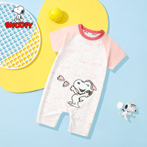 史努比儿童家居连体衣女童宝宝纯棉夏季短袖睡衣睡袍护肚空调防踢