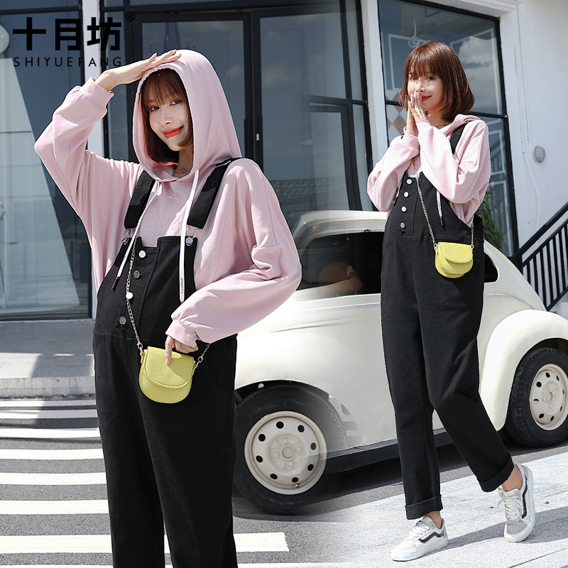 孕妇背带裤春秋款套装外出潮牛仔裤 十月坊孕妇打底裤