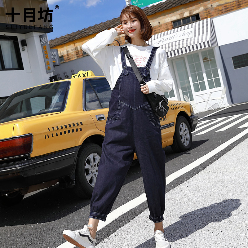 孕妇背带裤子宽松春秋季外穿牛仔裤 十月坊孕妇打底裤