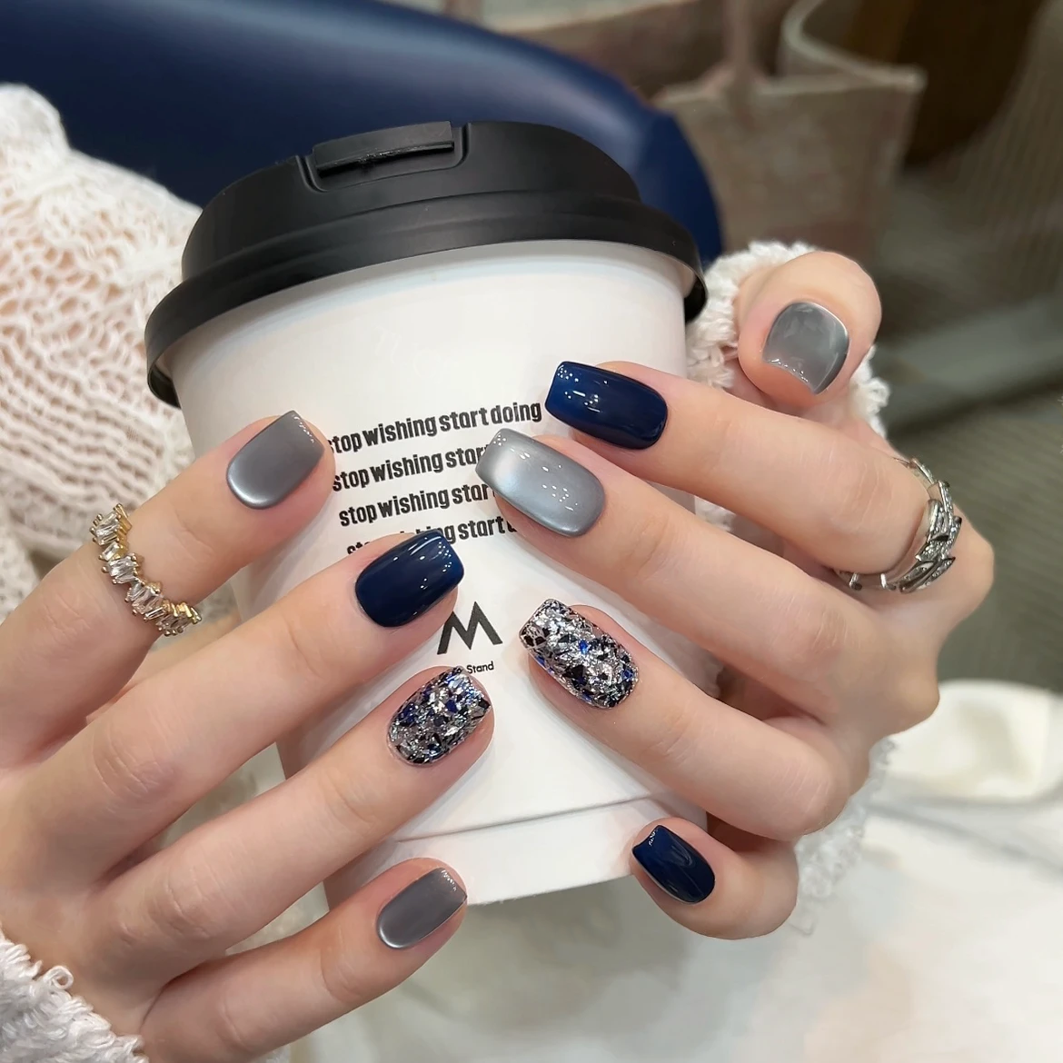 秋冬新款猫眼半手工穿戴甲显白蓝色甜酷辣妹风学生短款可拆卸贴片,淘宝优惠券,粉丝福利购,淘宝优惠卷