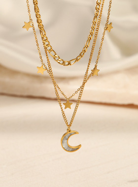 月亮女神 复古度假风多层镀金色项链女梦幻星星钛钢项链吊坠配饰