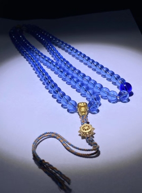 药师佛蓝琉璃水晶佛珠108颗念珠手串毛衣链新中式禅意藏式文玩