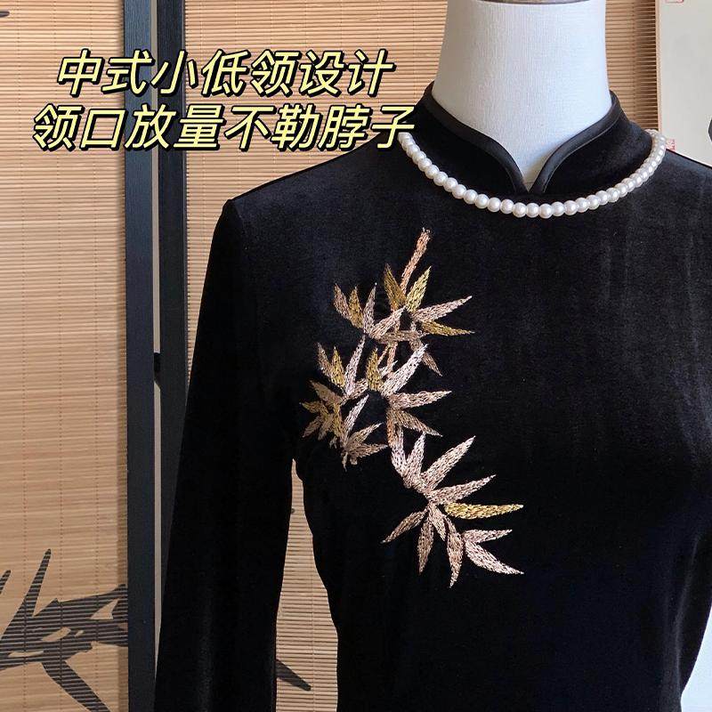 2025秋冬新款弹力定位花刺绣长袖黑色丝绒旗袍裙修身开叉尊为金竹,淘宝优惠券,粉丝福利购,淘宝优惠卷