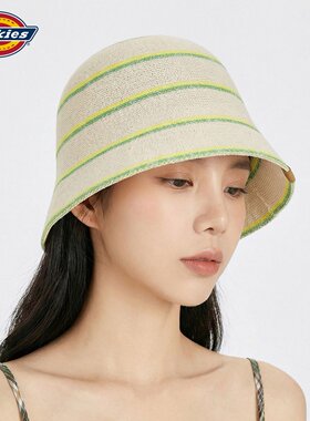 Dickies日系条纹针织渔夫帽女夏季透气防晒遮阳显脸小百搭水桶帽