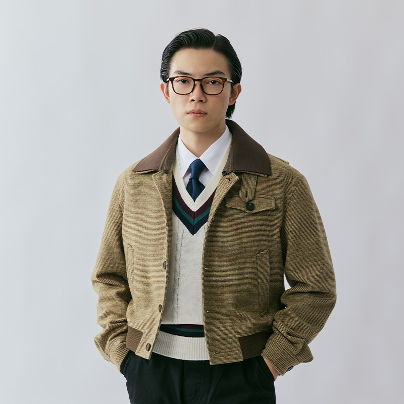 【50%羊毛】平圆方中宽松短款脱卸领粗花呢拼接针织夹克外套男款 - 图1