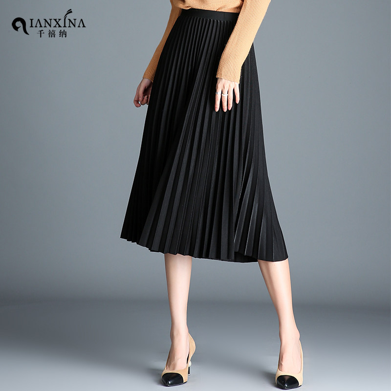 毛呢长裙秋冬2020新款高腰百褶裙 千禧纳半身裙