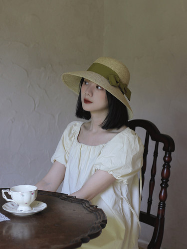 抹茶绿复古圆顶蝴蝶结大檐草帽法式赫本风复古出游遮阳帽女夏季 - 图2