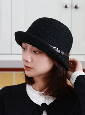 刘山茶」卷边前翘皮扣针织渔夫帽女秋冬保暖百搭时尚盆帽小礼帽