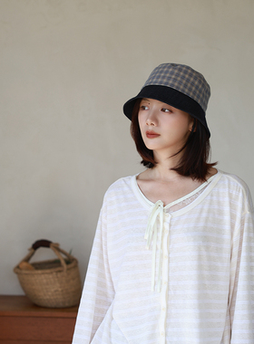 棉质日系格纹渔夫帽女秋季新品百搭遮脸防晒帽出游盆帽素颜帽