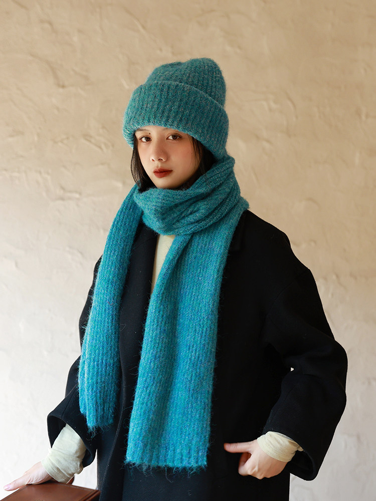 显白湖水蓝二件套帽子围巾冬季保暖宽松大版毛线帽针织保暖围巾女,淘宝优惠券,粉丝福利购,淘宝优惠卷
