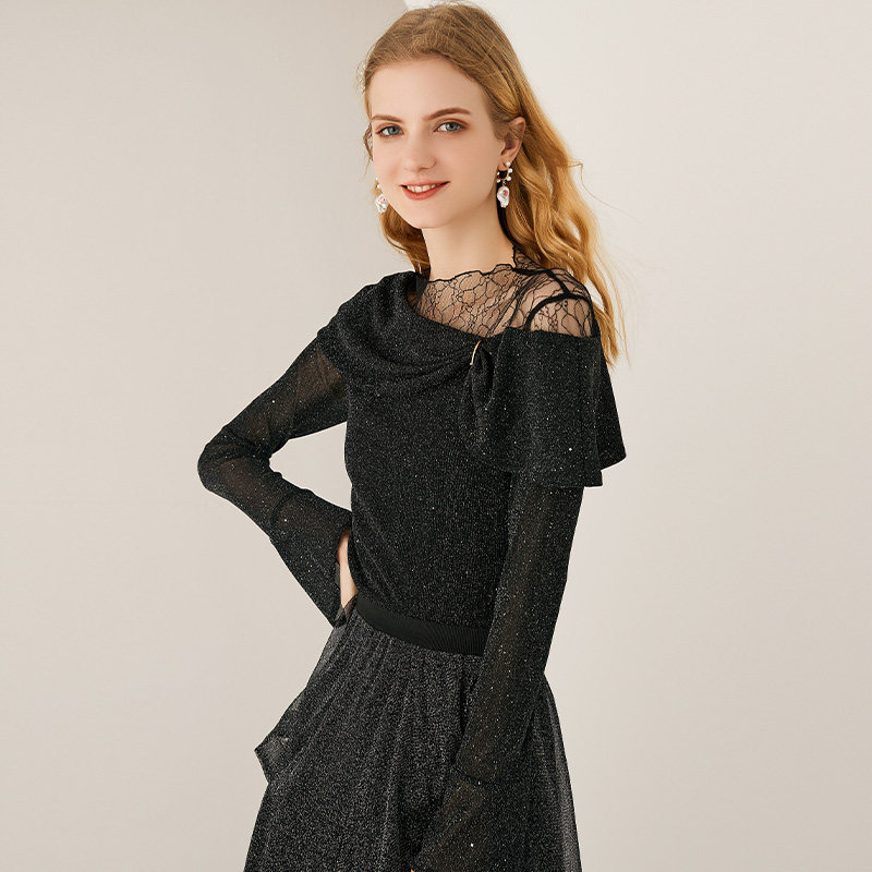 简朵蕾丝2021秋季新款修身雪纺衫 简朵T恤