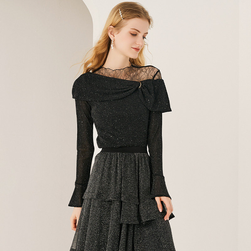 简朵蕾丝2021秋季新款修身雪纺衫 简朵T恤