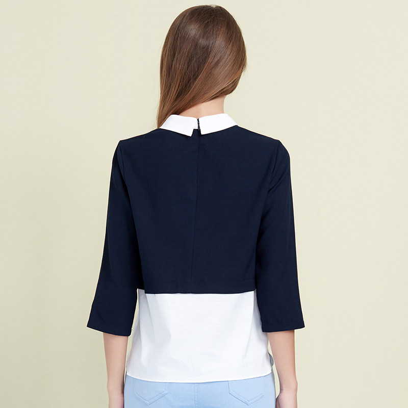 简朵春季新品修身百搭拼接七分袖 简朵T恤