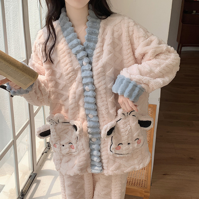 珊瑚绒睡衣女春秋冬季加厚保暖可爱法兰绒家居服公主风套装小狗 - 图2