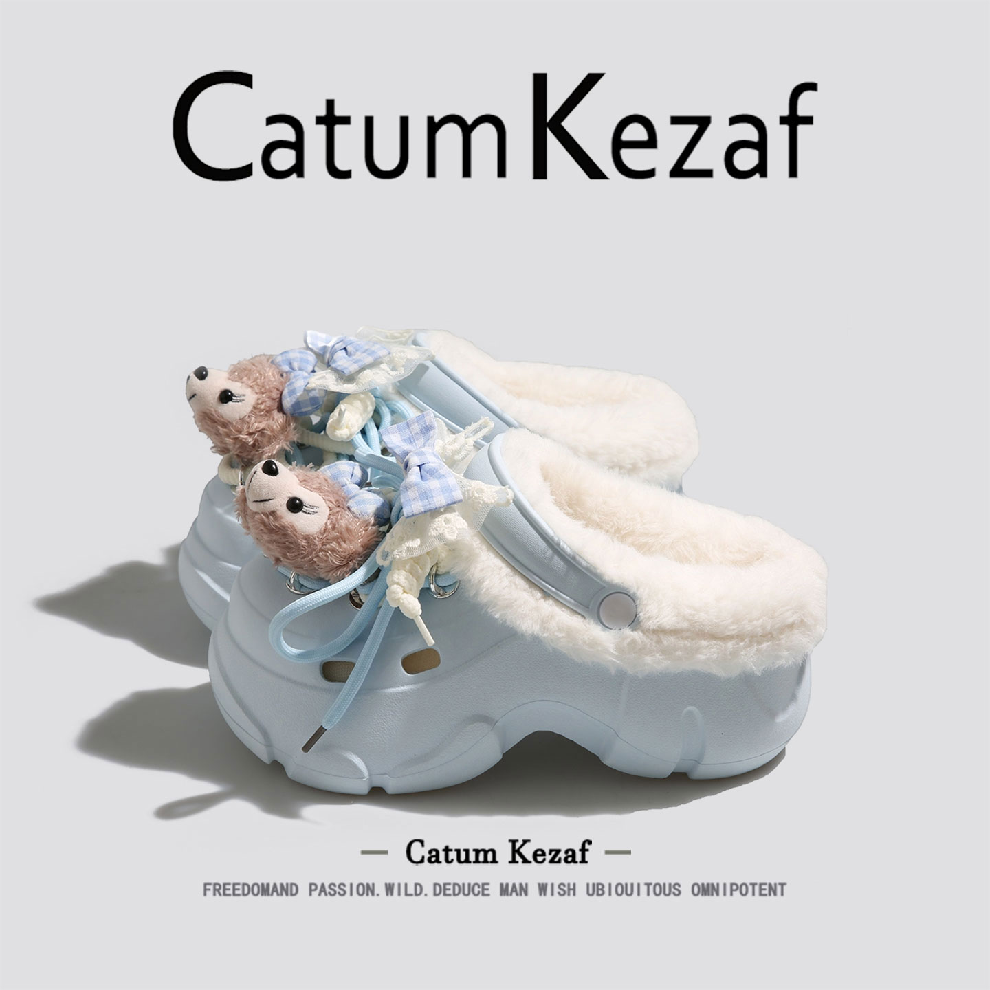 美国CatumKezaf加绒洞洞鞋女款2025新款冬季厚底毛毛鞋外穿棉拖鞋 - 图0