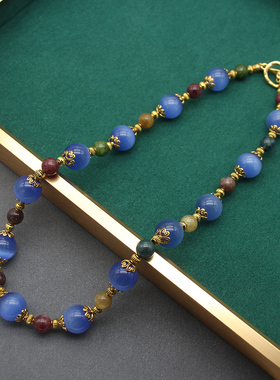 中古蓝色琉璃彩色石头猫眼项链