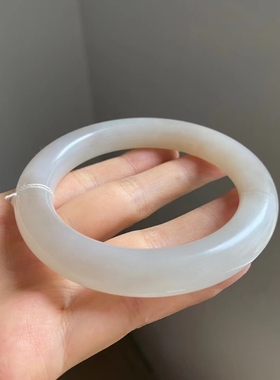 和田玉藕粉白玉双色粗圆条手镯女玉镯子带证书