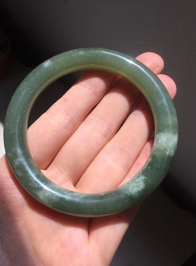 天然和田玉老料湖水绿蓝天白玉意境圆条手镯女玉镯子带证书