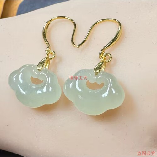 耳环和田玉正品天然玉石S925银镶嵌新中式如意高级感轻奢高档耳饰 - 图0