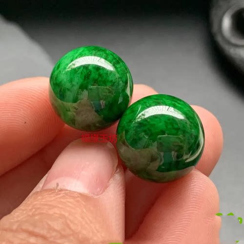 新品缅甸老坑翡翠干青珠子辣绿散珠花青色圆珠单颗玉石手串手链 - 图3