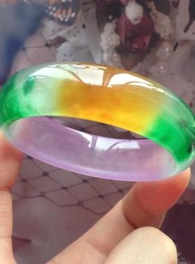 缅甸A级翡翠色冰种春带彩手镯满阳绿飘花紫罗兰三彩玉镯石英岩玉