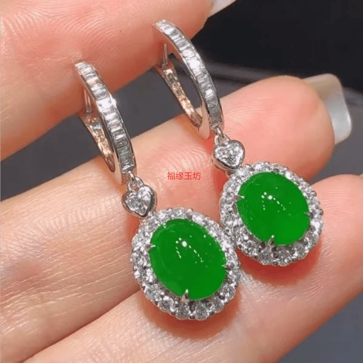 缅甸翡翠925银金镶嵌冰种阳绿蛋面耳坠女款玉石耳环耳饰耳钩时尚 - 图2