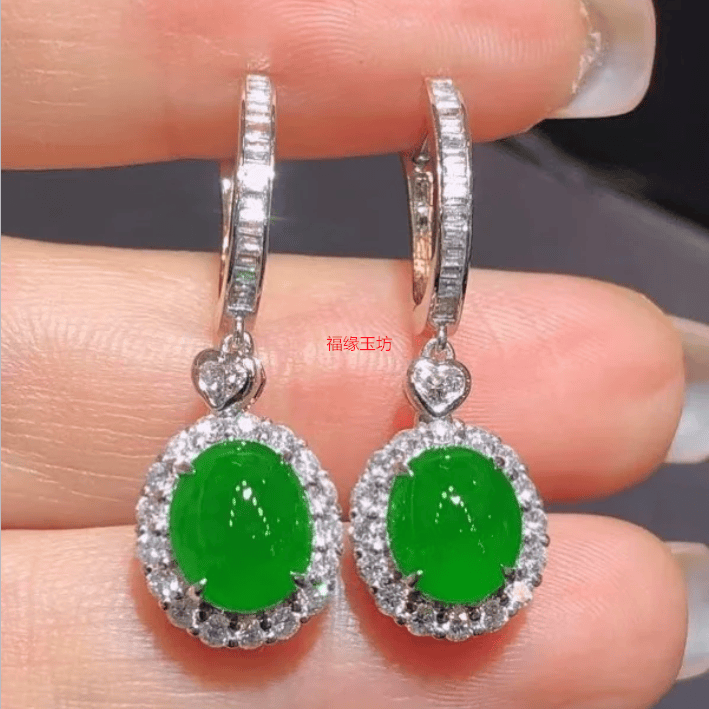 缅甸翡翠925银金镶嵌冰种阳绿蛋面耳坠女款玉石耳环耳饰耳钩时尚 - 图3