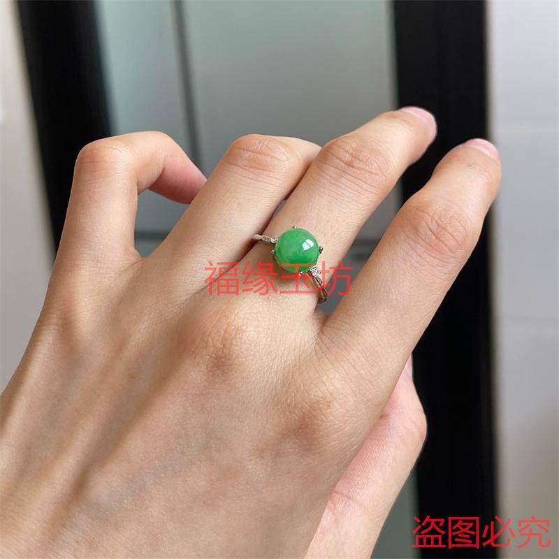 Boutique Burmese jade ice waxy green round cabochon ring for women 925 silver ring bracelet