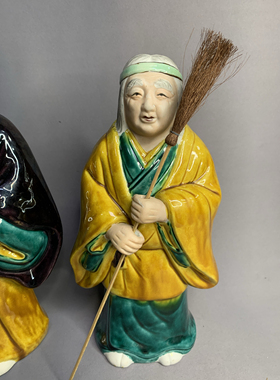 日本进口瓷器全新正品九谷烧糠川清章作交趾釉高砂夫妇摆件置物