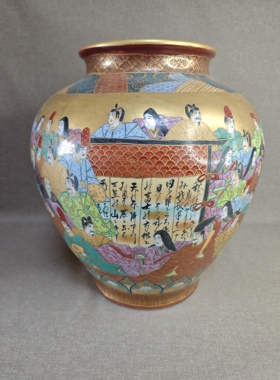 日本古董瓷器九谷烧鹤平作金襕手百人一首花瓶花器（40cm*36cm）