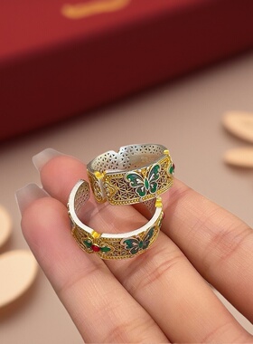 足银9999纯银珐琅蝴蝶戒指