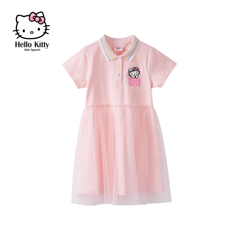 hellokitty童装2022夏季新品中大女童纱裙polo校园针织短袖连衣裙