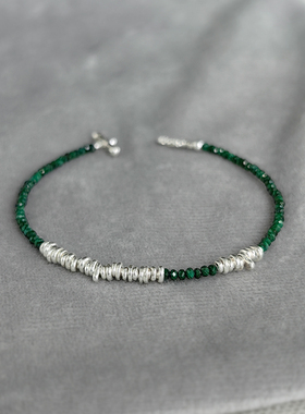 苍兰墨  999足银不规则碎银珠迷你孔雀石手链女简约礼物精致原创