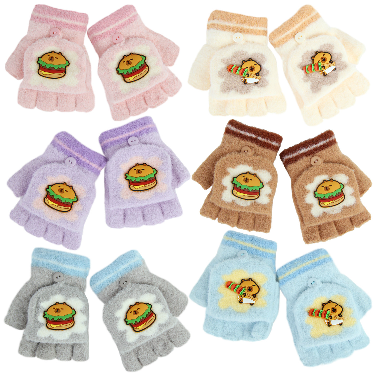 卡皮巴拉水豚学生露半指手套男女卡通毛线加厚绒儿童冬季翻盖保暖,淘宝优惠券,粉丝福利购,淘宝优惠卷