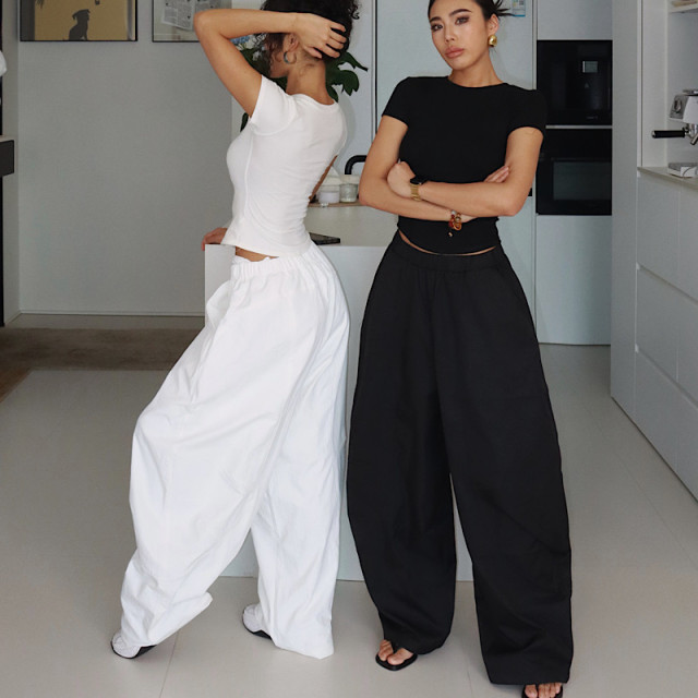 Akiyo studio ເອີຣົບແລະອາເມລິກາ retro ສູງ waisted loose scimitar pants elastic waist wide-leg pants banana pants ກາງເກງ