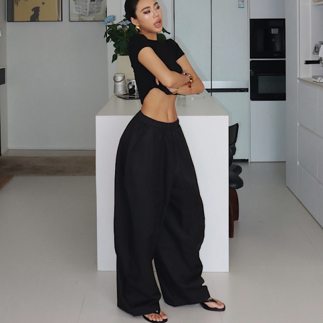 Akiyo studio ເອີຣົບແລະອາເມລິກາ retro ສູງ waisted loose scimitar pants elastic waist wide-leg pants banana pants ກາງເກງ
