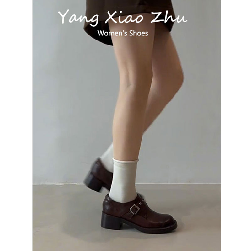 牛皮版~设计感铆钉皮带扣粗跟百搭单鞋女圆头减龄复古通勤小皮鞋 - 图0