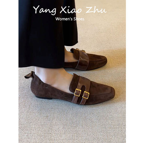 羊皮版~复古方头皮带扣平底乐福鞋女新款通勤一脚蹬百搭气质单鞋 - 图3