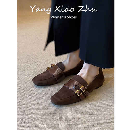 羊皮版~复古方头皮带扣平底乐福鞋女新款通勤一脚蹬百搭气质单鞋 - 图0