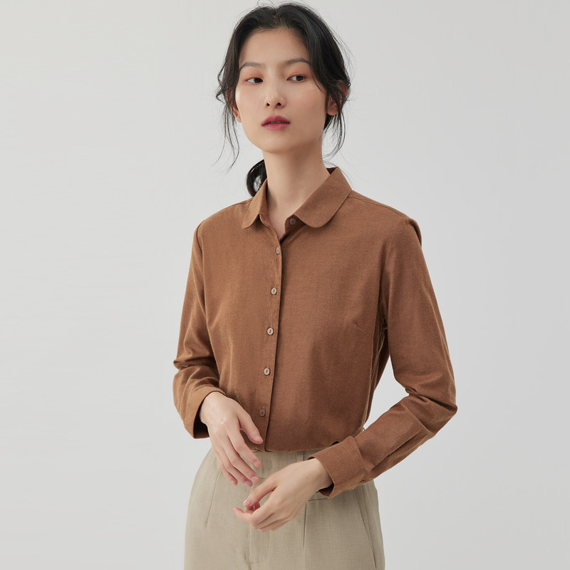 宿·色女士衬衫秋冬新款棉质打底上衣磨毛长袖焦糖色内搭衬衣_虎窝淘