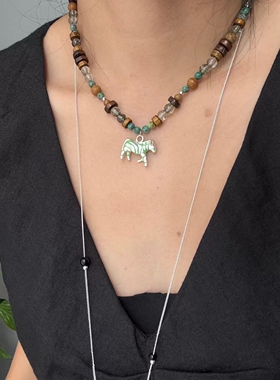 复古风斑马流苏蜡绳项链时尚百搭串珠项链个性小众设计款长项链女