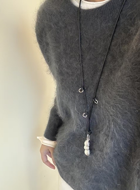 复古潮流花生珍珠吊坠不锈钢长款项链小众设计感时尚高级毛衣链潮