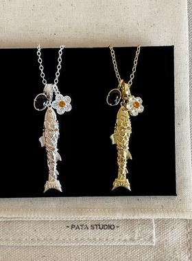 复古国潮水晶花朵锦鲤吊坠项链个性设计感时尚潮流小众锁骨链配饰