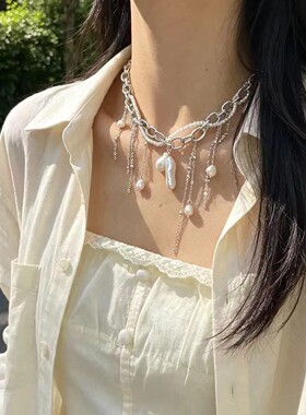 韩式潮流链条珍珠缠绕流苏项链甜酷辣妹轻奢高级优雅淑女锁骨链女