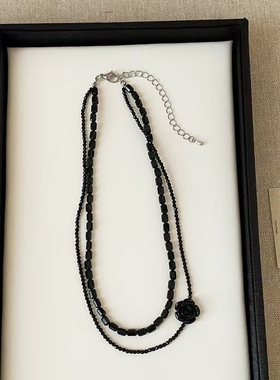 小香风山茶花双层黑色水晶串珠项链甜酷暗黑时尚潮流小众锁骨链女