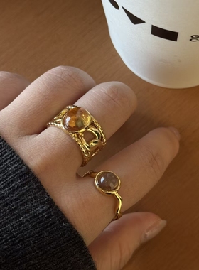 复古拉德琥珀色开口可调节戒指小众设计食指高级重工椭圆指环戒