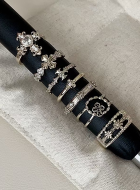 欧美潮流鸢尾花十字架咖金色戒指女高级感简约时尚百搭指环戒子