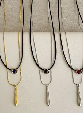 甜酷设计水滴天然石皮绳双层项链简约个性独特时尚潮流颈链毛衣链