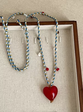 新中式红色树脂爱心编织抽拉项链时尚简约气质潮流百搭颈链毛衣链