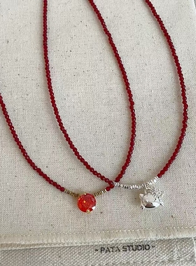 可爱猫咪蝴蝶结红色水晶串珠项链轻奢高级感时尚潮流气质锁骨链女